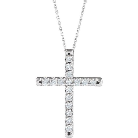14K White Gold Round 2.5Mm Si1-Si2, Gh 16-18 In Polished 1 Ctw Lab-Grown Diamond French-Set Cross Necklace