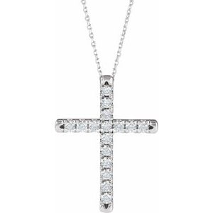 14K White Gold Round 2.4Mm Gh Si1-Si2 3/4 Ctw Lab-Grown Diamond French-Set Cross Necklace, Length: 18 In