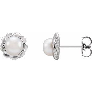 14K White Gold Pearl 5.0-5.9 Mm White Freshwater Cultured Button Pearl Rope Halo-Style Earrings