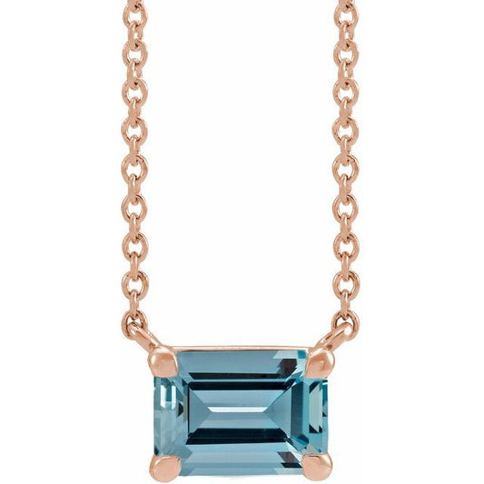 14K Rose Gold Or Platinum Emerald  5 X 3 Mm 18 In Polished  Natural Aquamarine Claw-Prong Necklace