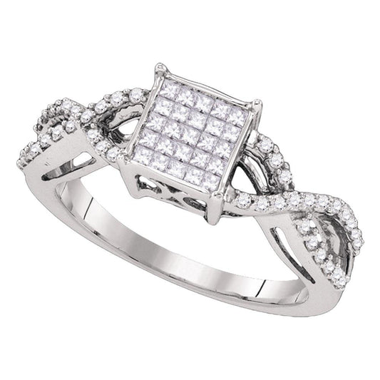 10K White Gold Womens Princess Diamond Square Cluster Ring 1/2 Cttw, Womens Size: 5-10