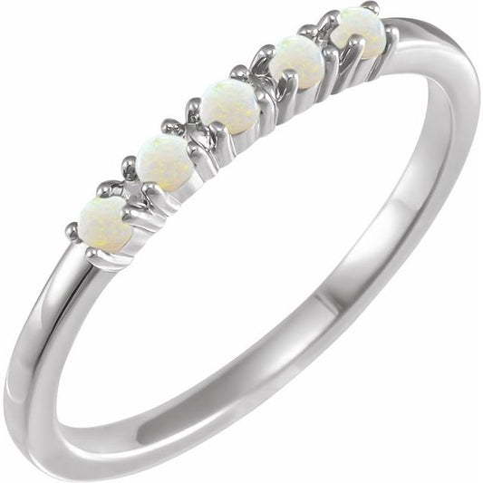 14K Yellow Gold Or Sterling Silver Round 2 Mm Polished Natural White Opal Cabochon Stackable Ring, Size 7