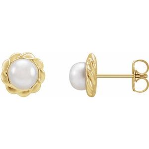 14K Yellow Gold Pearl 5.0-5.9 Mm White Freshwater Cultured Button Pearl Rope Halo-Style Earrings