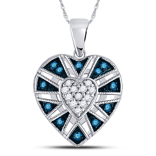 10K White Gold Womens Round Blue Color Enhanced Diamond Heart Pendant 1/4 Cttw
