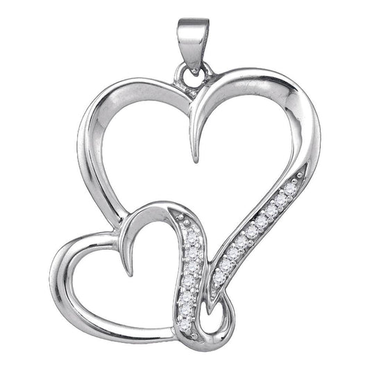 Sterling Silver Womens Round Diamond Double Heart Pendant 1/10 Cttw, Length: 1.15 In, Width: 0.81 In