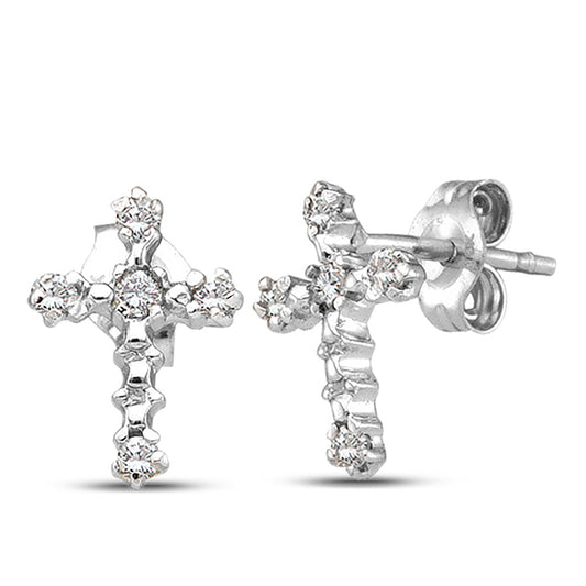 10K White Gold Womens Round Diamond Cross Earrings 1/20 Cttw