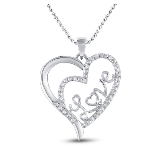 Sterling Silver Womens Round Diamond Love Heart Pendant 1/10 Cttw, Length: 1.28 In, Width: 0.98 In
