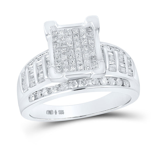 Sterling Silver Princess Diamond Square Cluster Bridal Wedding Engagement Ring 1 Cttw, Womens Size: 5-10