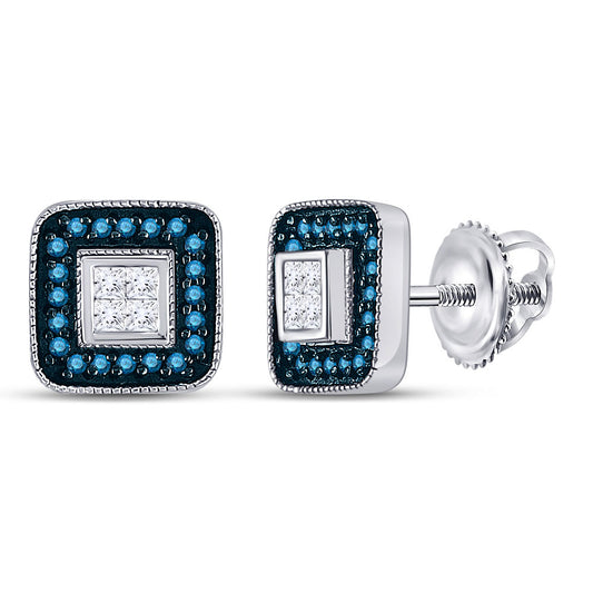 10K White Gold Womens Round Blue Color Enhanced Diamond Square Cluster Earrings 1/3 Cttw