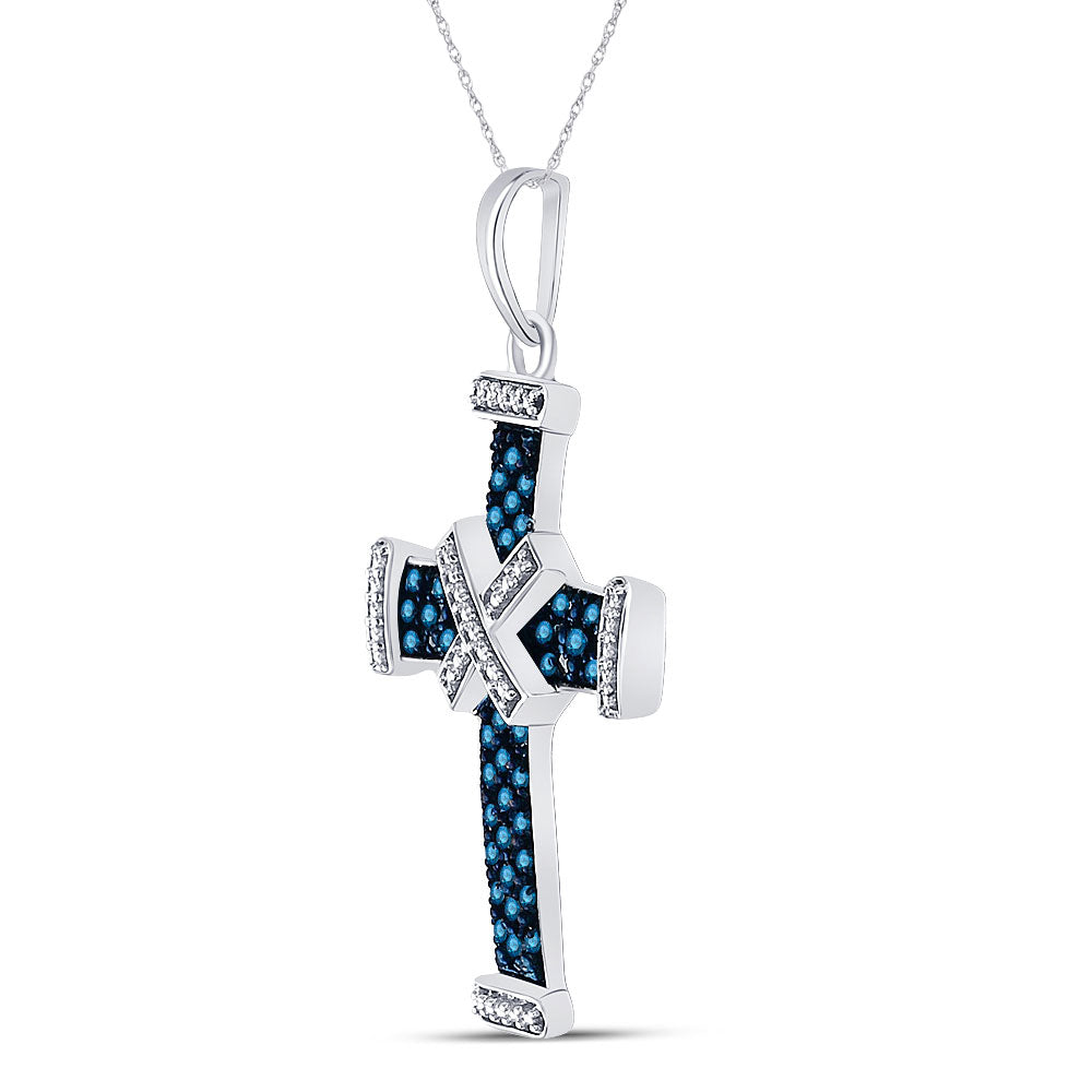 Sterling Silver Womens Round Blue Color Enhanced Diamond Bound Roman Cross Pendant 1/4 Cttw, Length: 1.44 In, Width: 0.87 In