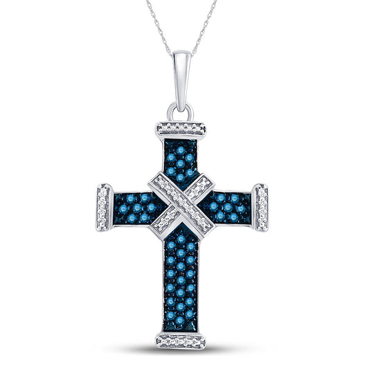 Sterling Silver Womens Round Blue Color Enhanced Diamond Bound Roman Cross Pendant 1/4 Cttw, Length: 1.44 In, Width: 0.87 In