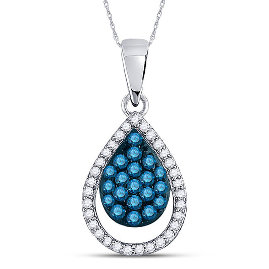 10K White Gold Womens Round Blue Color Enhanced Diamond Teardrop Pendant 1/2 Cttw