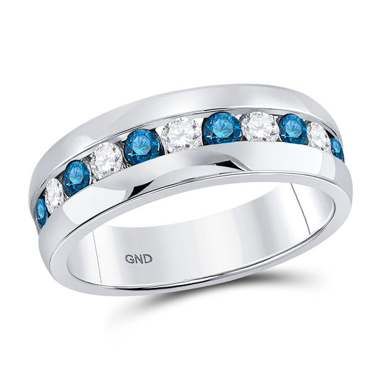10K White Gold Mens Round Blue Color Enhanced Diamond Band Ring 1 Cttw, Mens Size: 7-13
