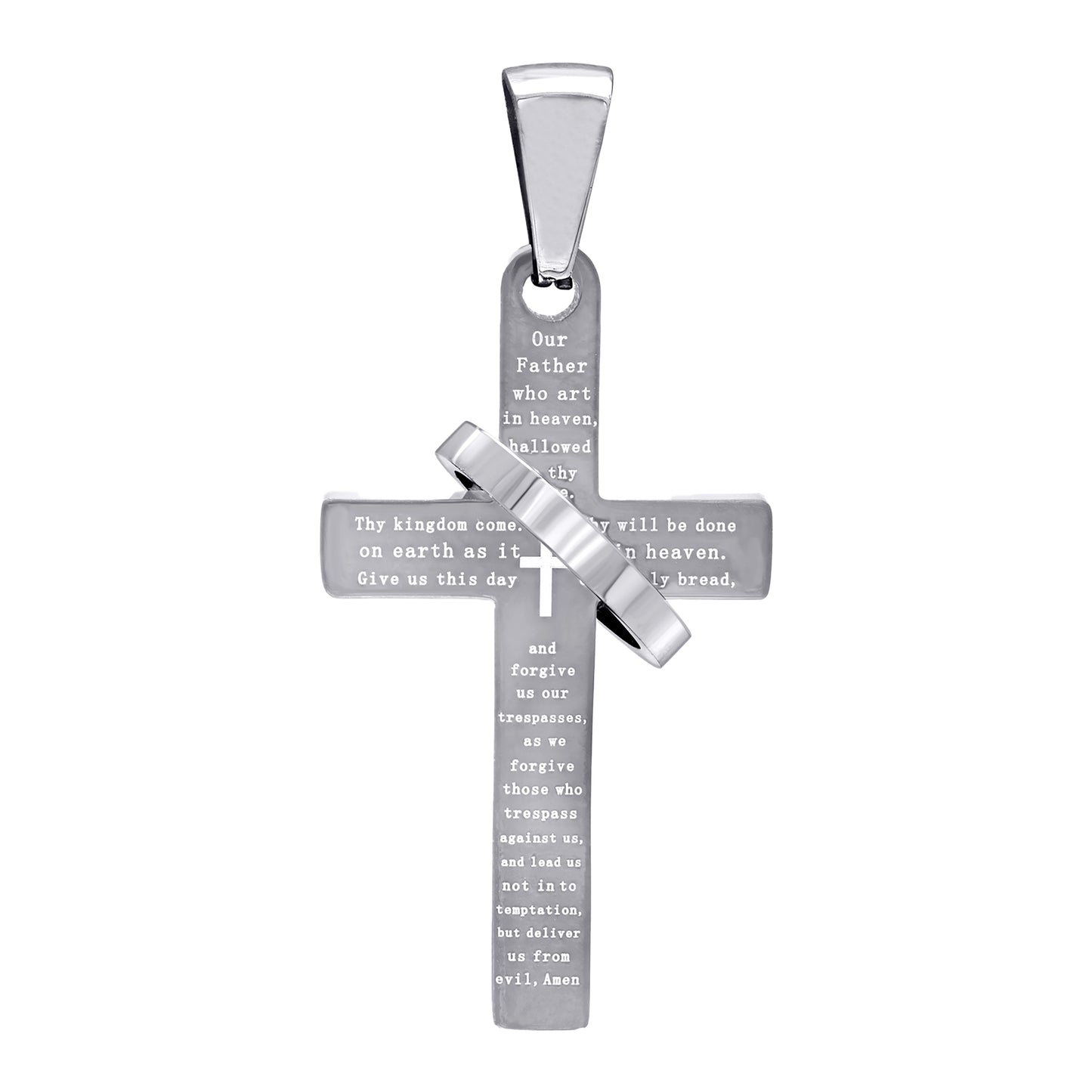 Stainless Steel Mens English Bible Lords Prayer Cross Ring Religious Charm Pendant