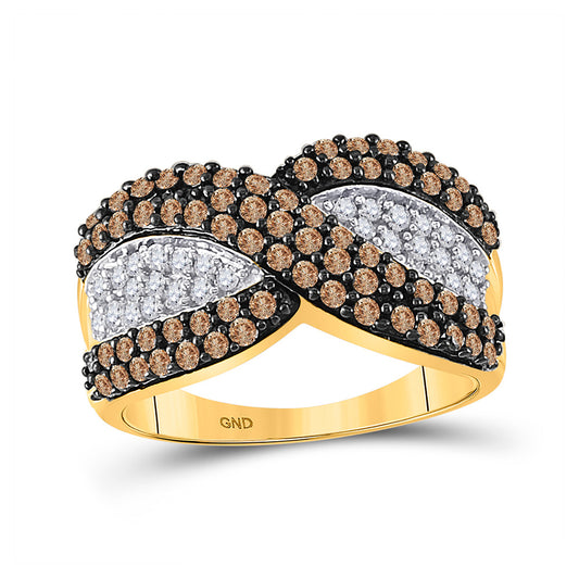 10K Yellow Gold Womens Round Brown Diamond Crossover Stripe Band Ring 1 Cttw, Womens Size: 5-10