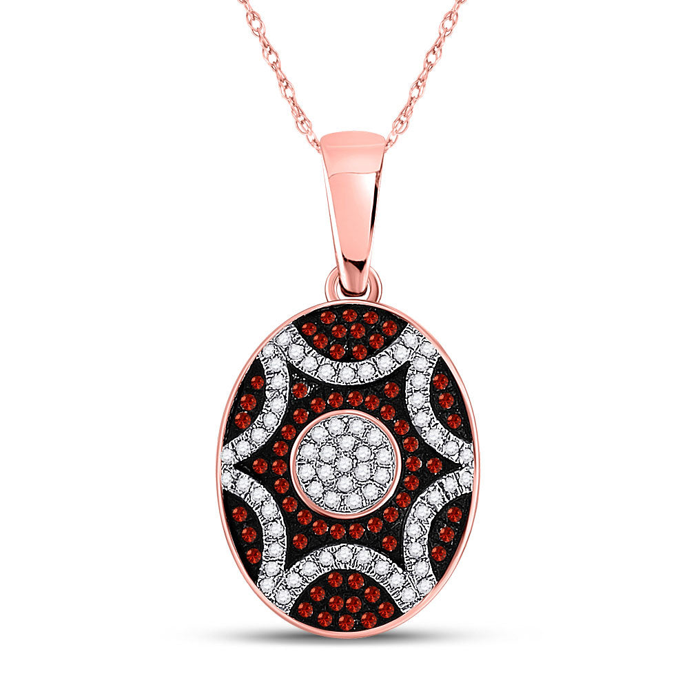10K Rose Gold Womens Round Red Color Enhanced Diamond Oval Starburst Pendant 1/3 Cttw