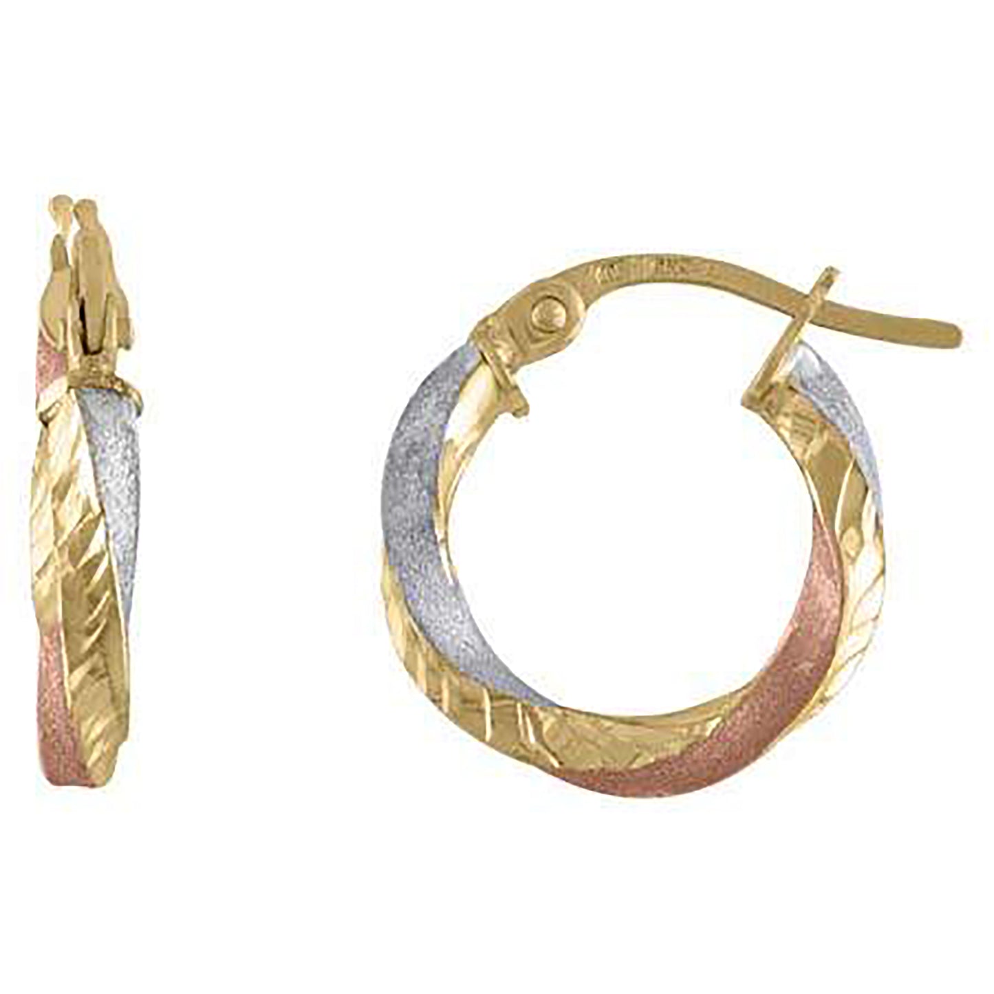10K Tri-Color Gold Womens Twisted Hinged Hoops Huggies