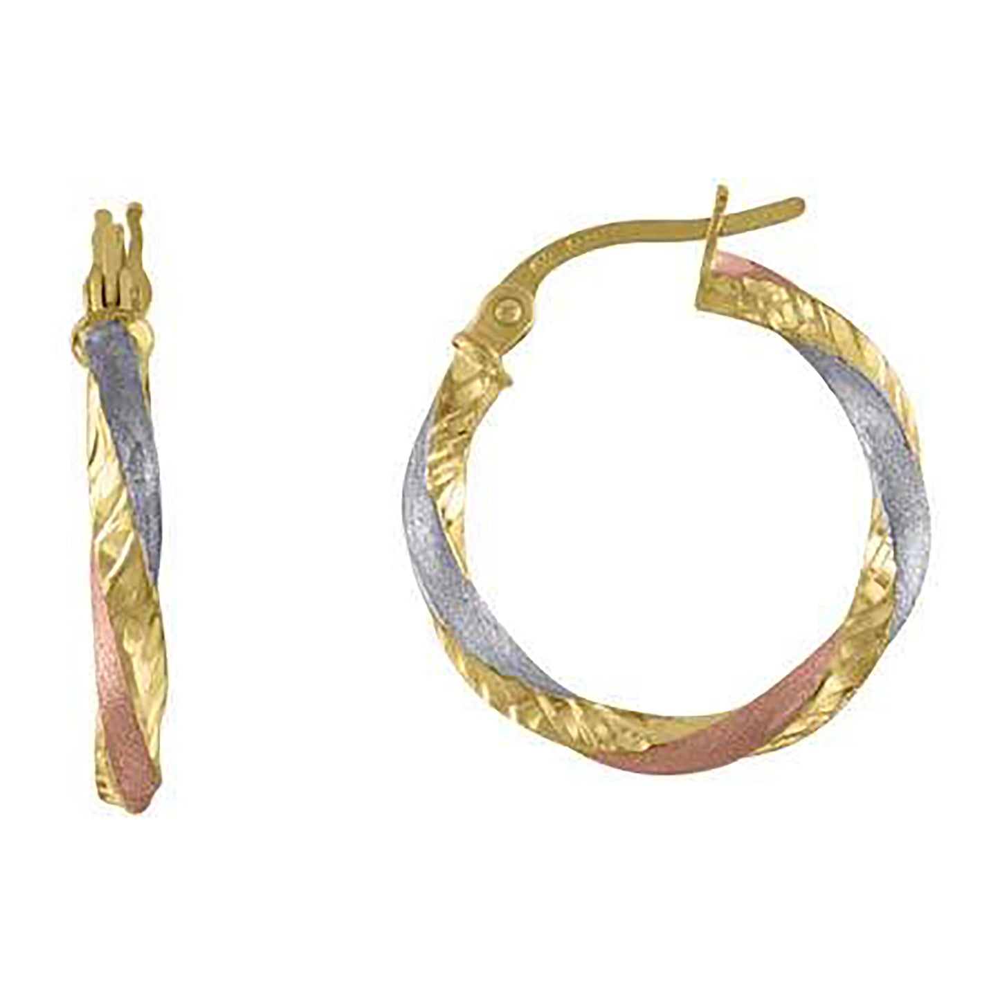 10K Tri-Color Gold Womens Twisted Hinged Hoops Huggies