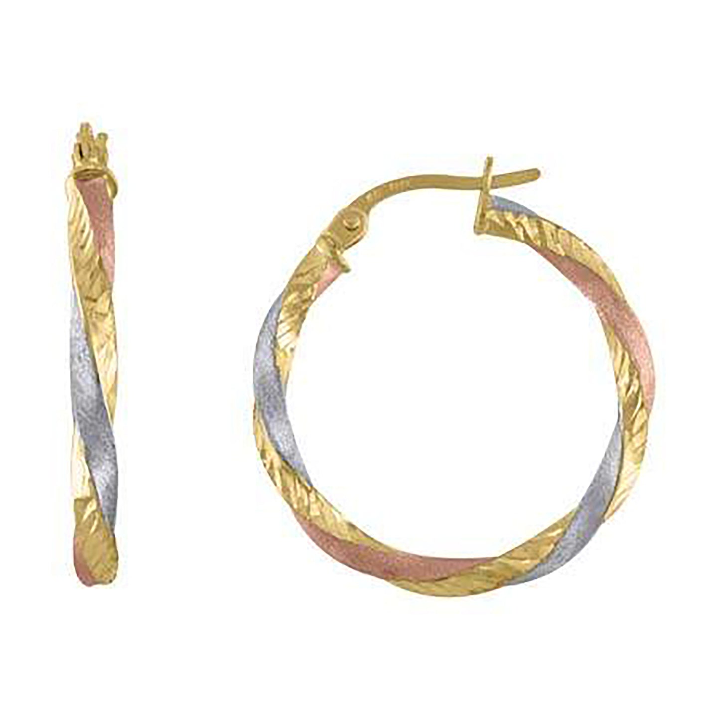 10K Tri-Color Gold Womens Twisted Hinged Hoops Huggies