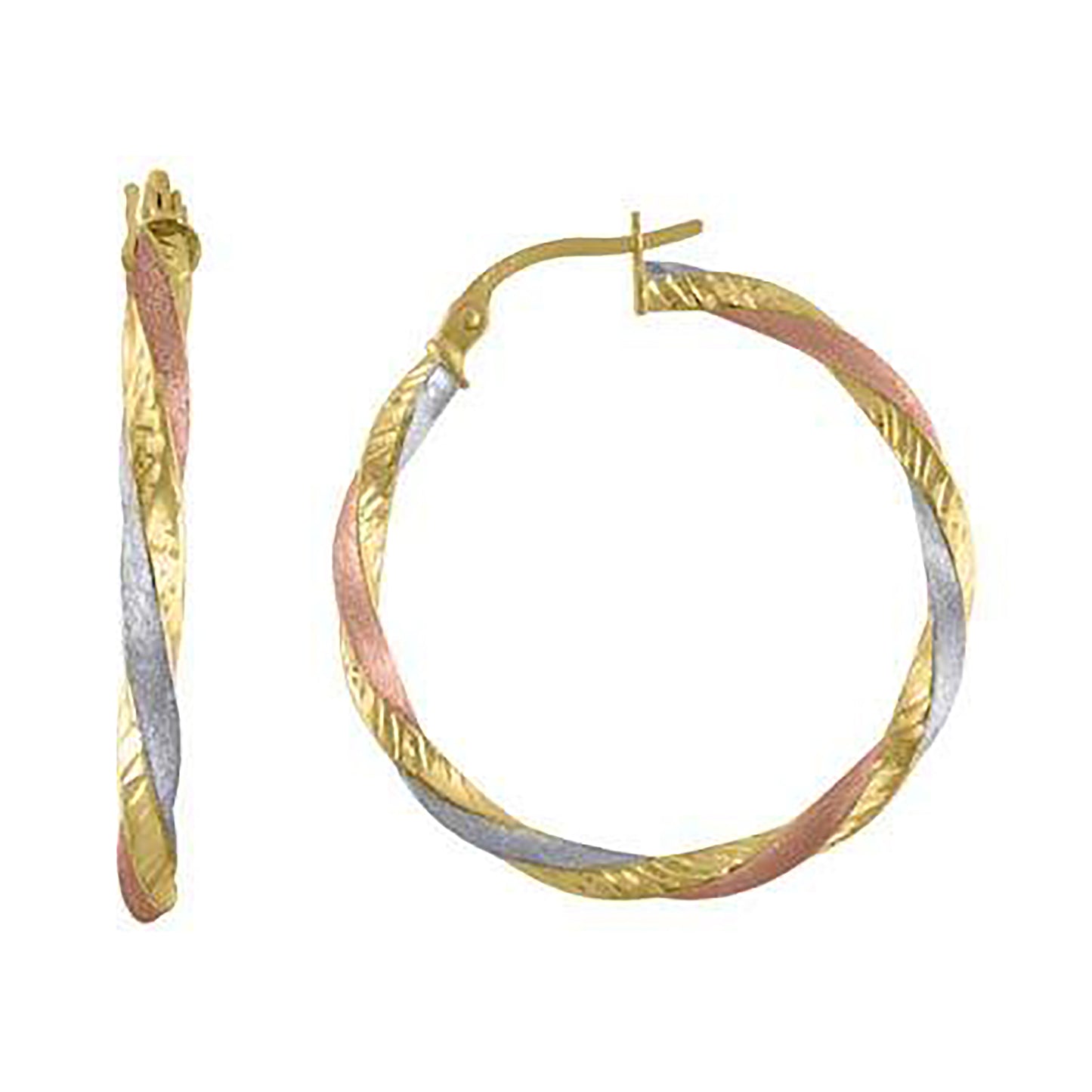 10K Tri-Color Gold Womens Twisted Hinged Hoops Huggies