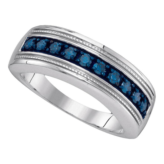 Sterling Silver Mens Round Blue Color Enhanced Diamond Wedding Anniversary Band 1/2 Cttw, Mens Size: 7-13