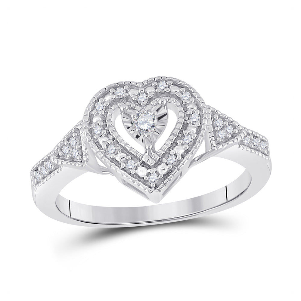 Sterling Silver Womens Round Diamond Heart Ring 1/8 Cttw, Womens Size: 5-10