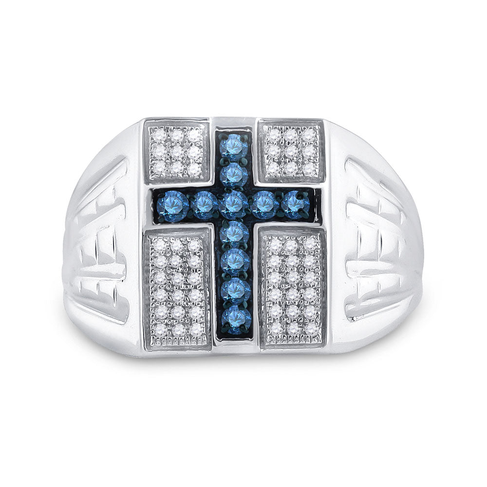 Sterling Silver Mens Round Blue Color Enhanced Diamond Cross Religious Ring 1/2 Cttw, Mens Size: 7-13