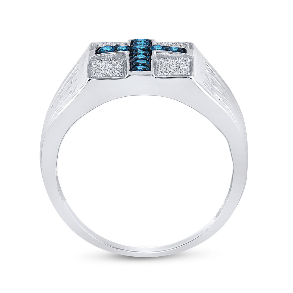 Sterling Silver Mens Round Blue Color Enhanced Diamond Cross Religious Ring 1/2 Cttw, Mens Size: 7-13