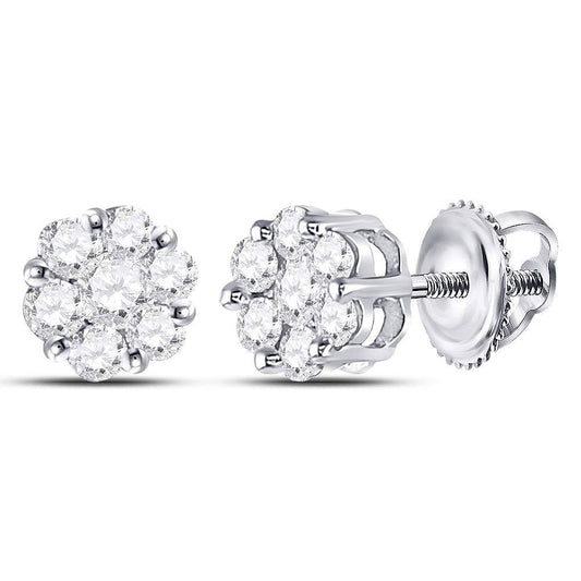 14K White Or Yellow Gold Womens Round Diamond Flower Cluster Earrings