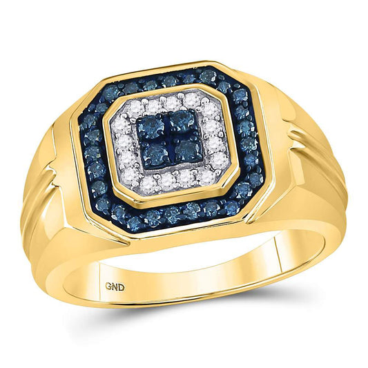 10K Yellow Gold Mens Round Blue Color Enhanced Diamond Square Ring 5/8 Cttw, Mens Size: 7-13