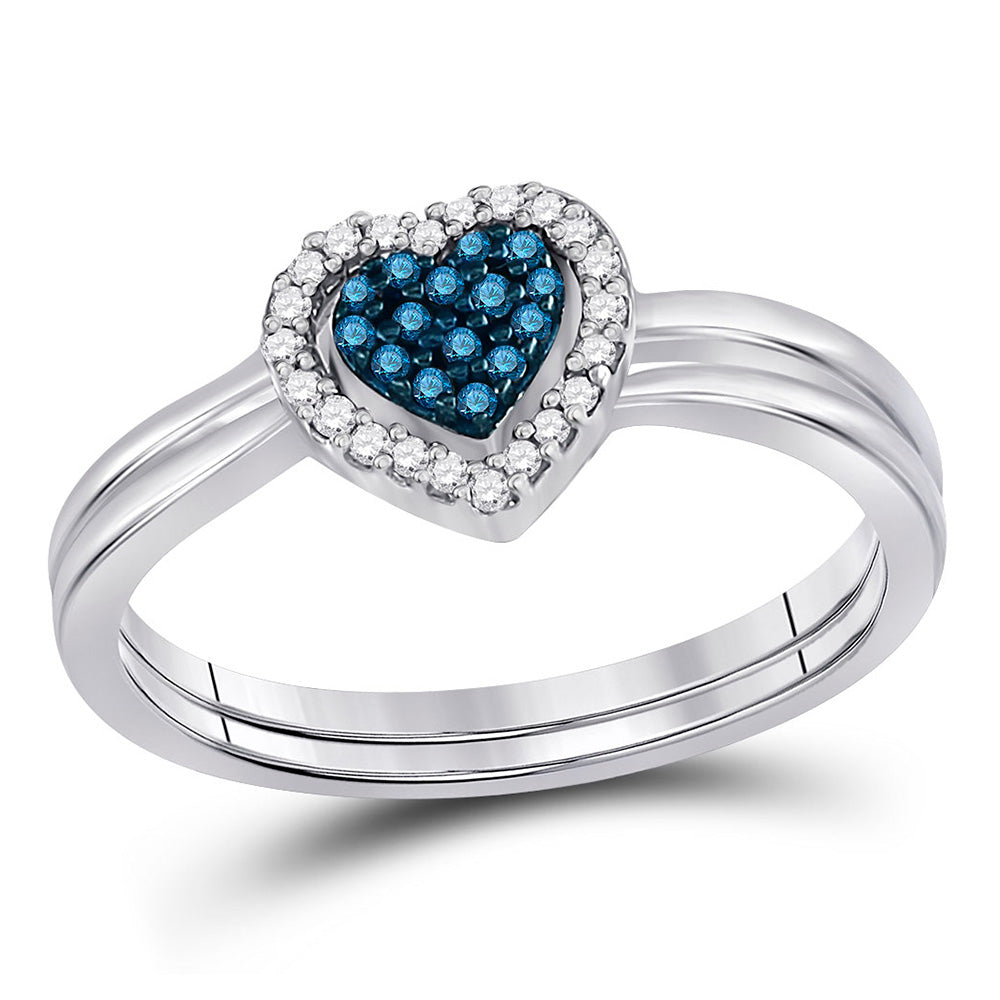 Sterling Silver Womens Round Blue Color Enhanced Diamond Heart Bridal Wedding Set 1/8 Cttw, Womens Size: 5-10