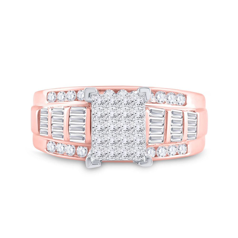 10K Rose Gold Princess Diamond Cluster Bridal Wedding Engagement Ring 1 Cttw, Womens Size: 5-10