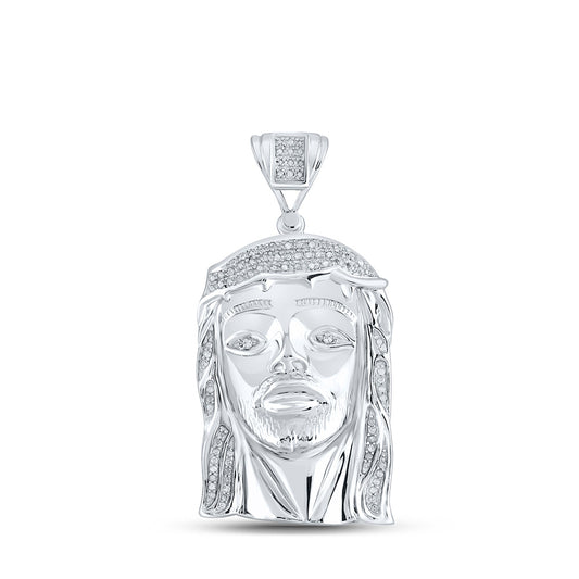 Sterling Silver Mens Round Diamond Jesus Face Charm Pendant 3/8 Cttw, Length: 2.11 In, Width: 1.08 In