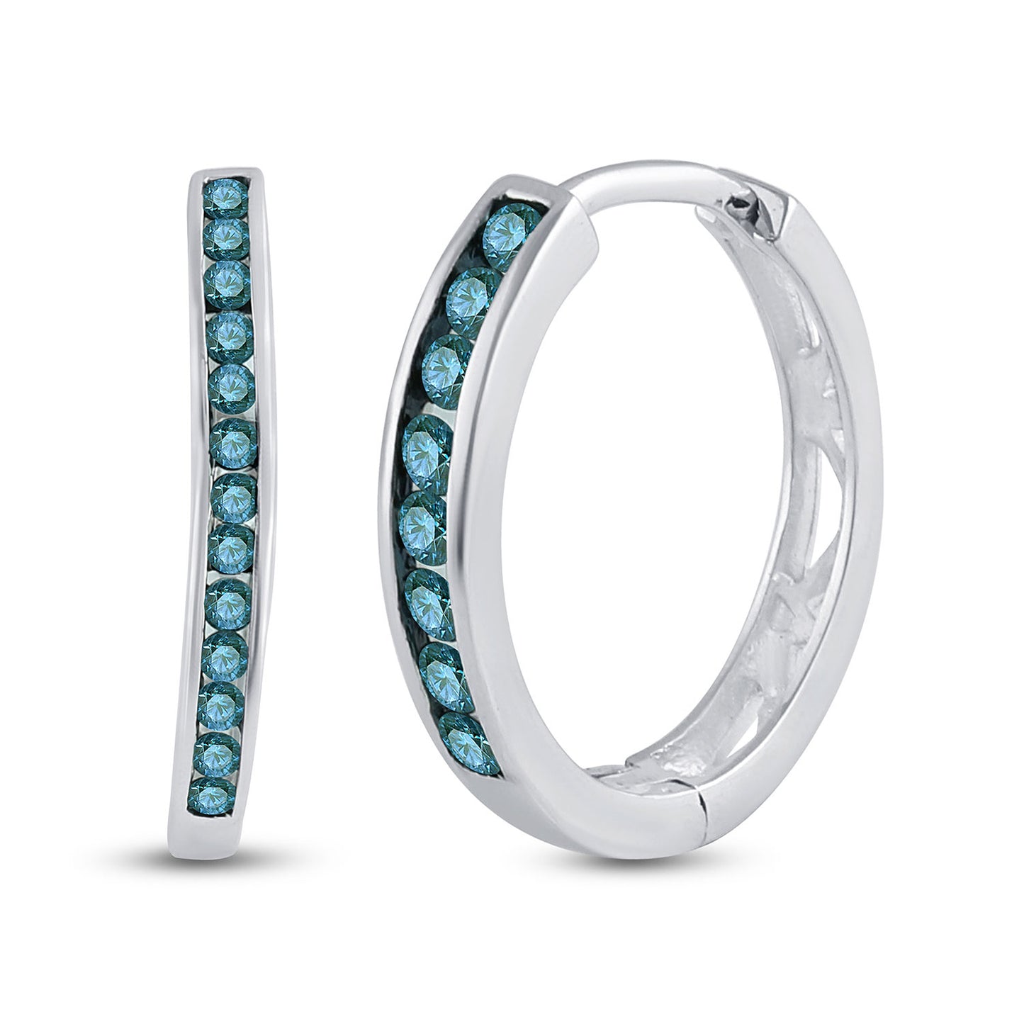 10K White Gold Womens Round Blue Color Enhanced Diamond Hoop Earrings 1/4 Cttw, Length: 0.56 In, Width: 0.1 In