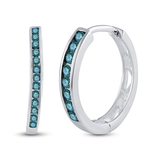 10K White Gold Womens Round Blue Color Enhanced Diamond Hoop Earrings 1/4 Cttw, Length: 0.56 In, Width: 0.1 In