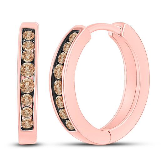 10K Rose Gold Womens Round Brown Diamond Hoop Earrings 1/4 Cttw