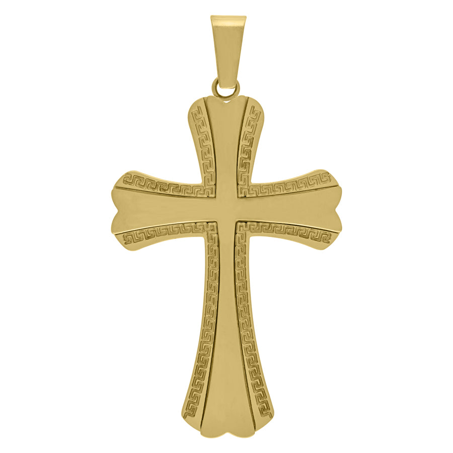 Stainless Steel Mens Cross With Greek Key Pattern Religious Charm Pendant