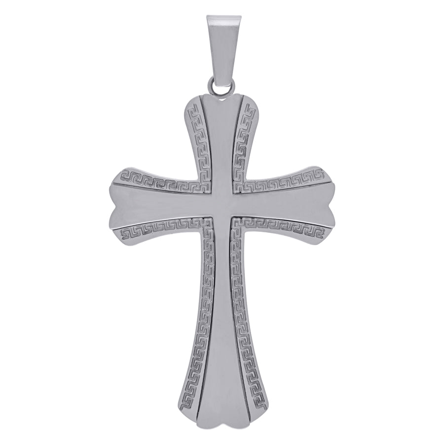 Stainless Steel Mens Cross With Greek Key Pattern Religious Charm Pendant