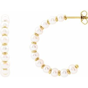 14K Yellow Gold Pair 4 Mm Cultured White Freshwater Pearl Earrings, Length: 30.3 Mm, Thickness: 4.2 Mm