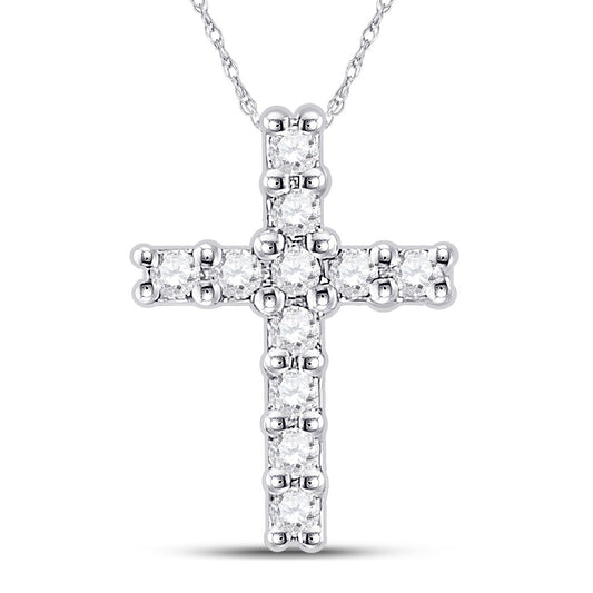 10K White Gold Womens Round Diamond Cross Pendant 1/10 Cttw