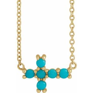 14K Yellow Gold Round 2 Mm  Natural Turquoise Petite Cabochon Sideways Cross Necklace, Length: 18 In