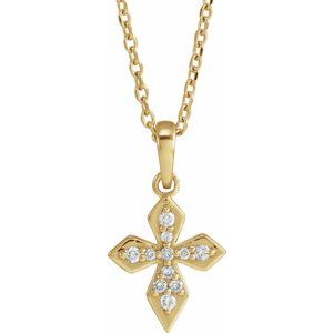 14K Yellow Gold Round G-H I1 Natural Diamond Petite Cross Necklace, Length: 18 In