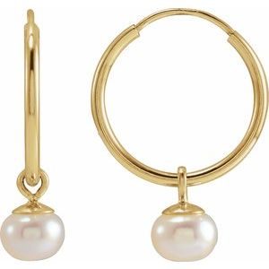 14K Yellow Gold Pair 4 Mm Cultured White Freshwater Pearl Dangle Endless Hoop Earrings, Length: 12 Mm, Thickness: 4 Mm