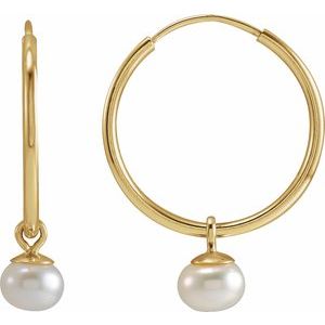 14K Yellow Gold Pair 4 Mm Cultured White Freshwater Pearl Dangle Endless Hoop Earrings, Length: 15 Mm, Thickness: 4 Mm