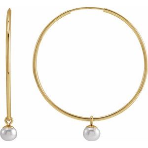 14K Yellow Gold Pair 4 Mm Cultured White Freshwater Pearl Dangle Endless Hoop Earrings, Length: 30 Mm, Thickness: 4 Mm