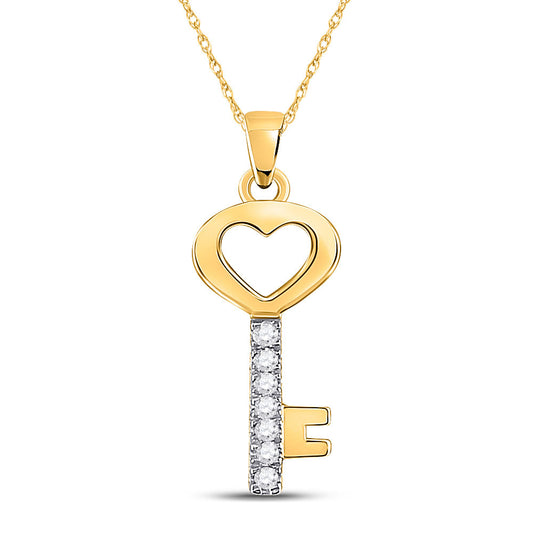 10K Yellow Gold Womens Round Diamond Key Heart Pendant 1/20 Cttw