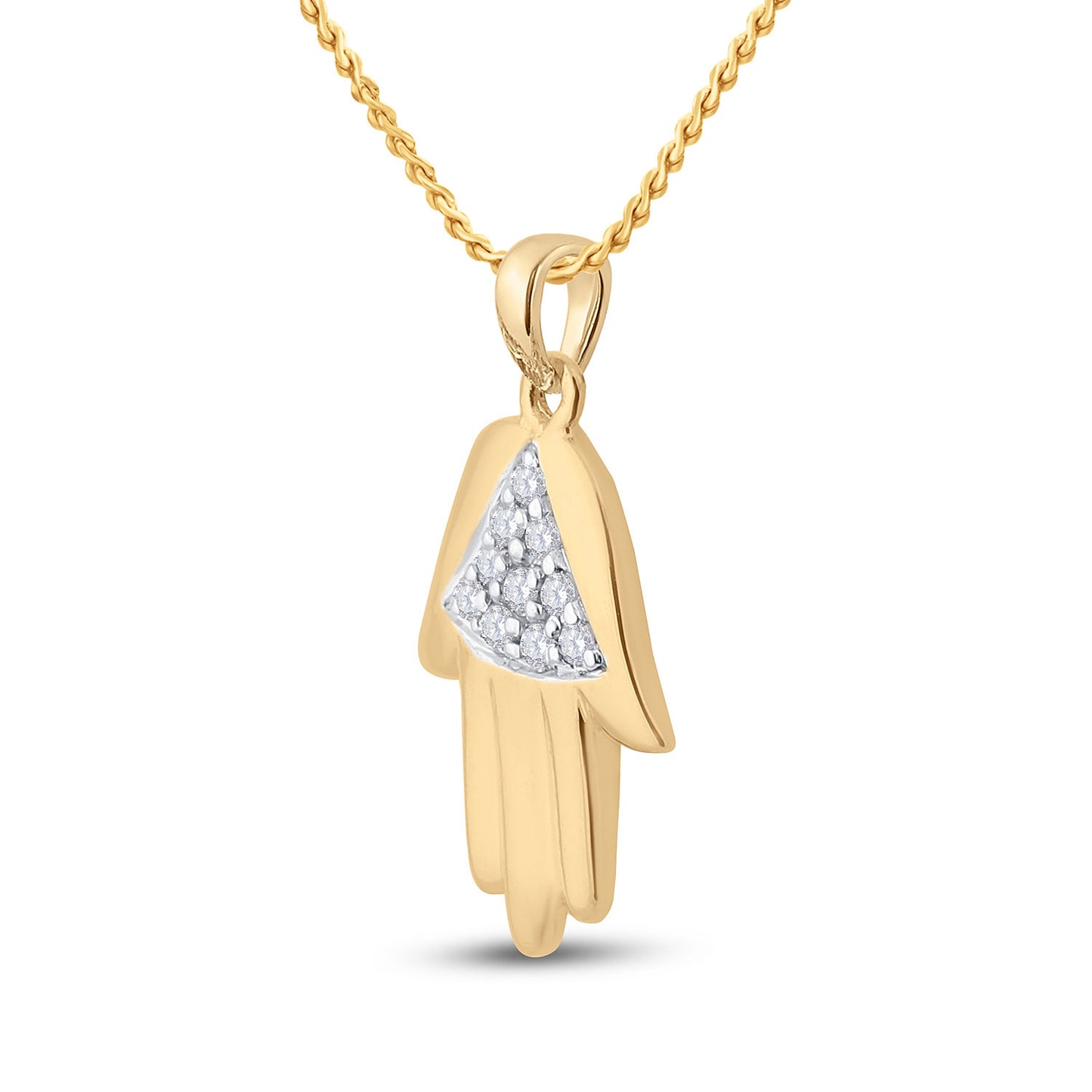 10K Yellow Gold Womens Round Diamond Hamsa Fashion Pendant 1/20 Cttw
