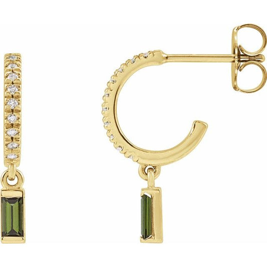 14K Yellow Gold Straight Baguette 4 X 2 Mm Friction Back Polished Natural Green Tourmaline And .08 Ctw Natural Diamond French-Set Dangle Hoop Earrings