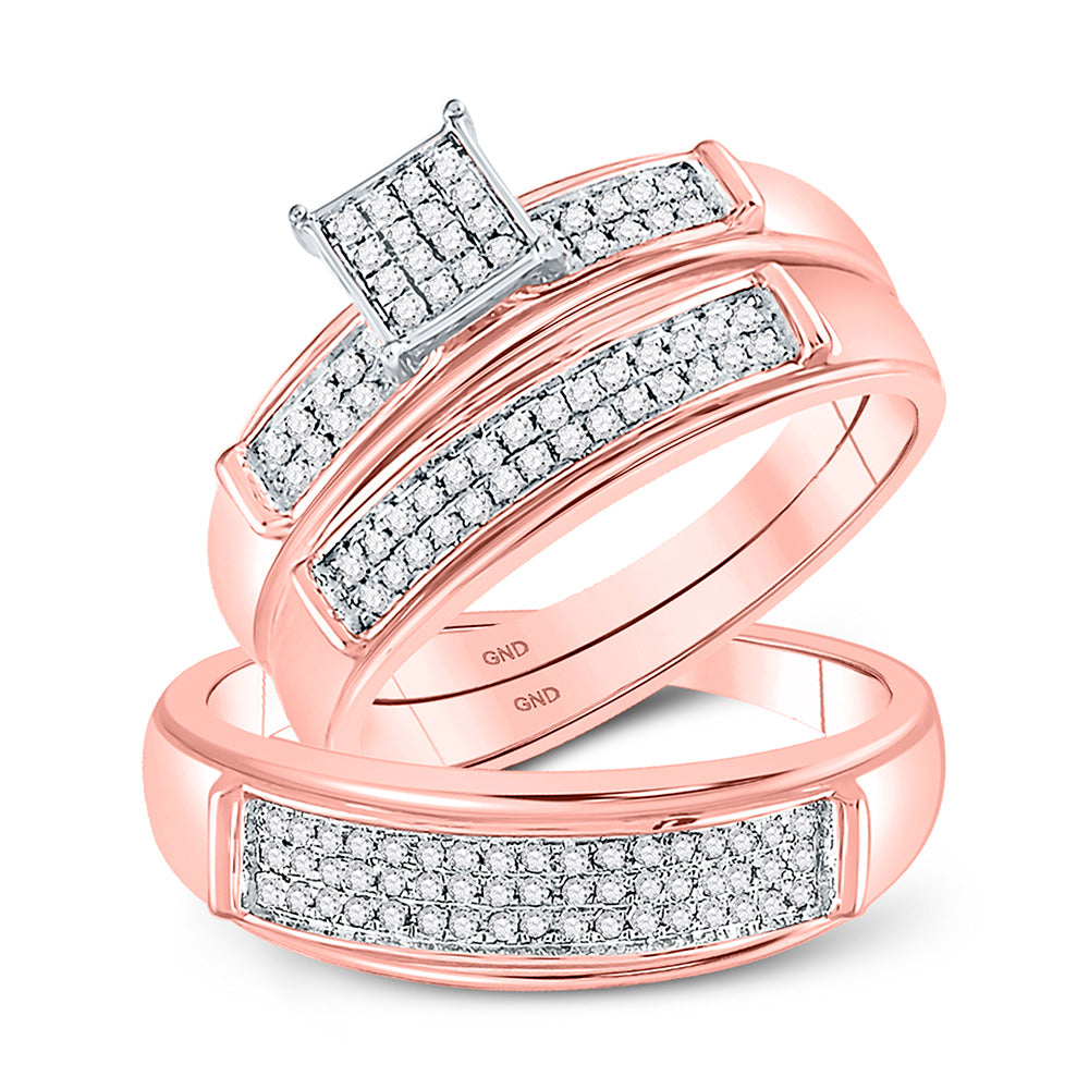 10K Rose Gold His Hers Round Diamond Square Matching Wedding Set 1/3 Cttw, Womens Size: 5-10, Mens Size: 7-13