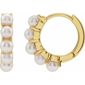 14K Yellow Gold Pair 3.5 Mm Cultured White Freshwater Pearl Hoop Earrings, Length: 13.98 Mm, Thickness: 3.3 Mm